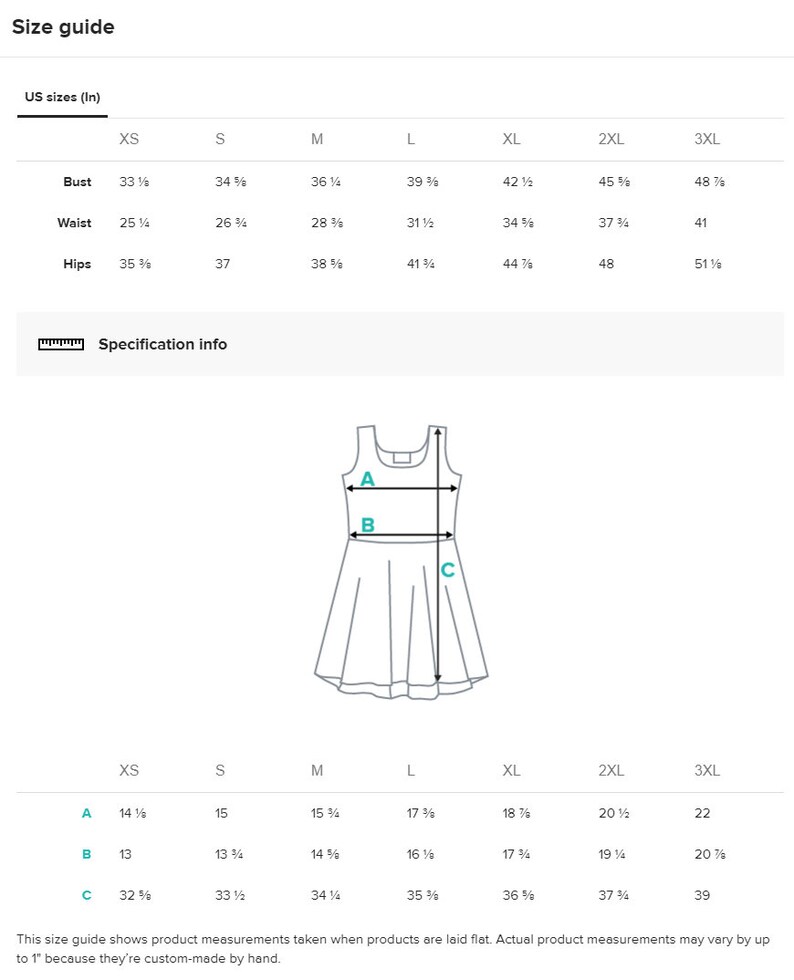Puede incluir: Tabla de tallas para un vestido sin mangas con medidas en pulgadas. La tabla muestra las medidas de busto, cintura y cadera para las tallas XS a 3XL. Un diagrama muestra las medidas de longitud, busto y cintura.
