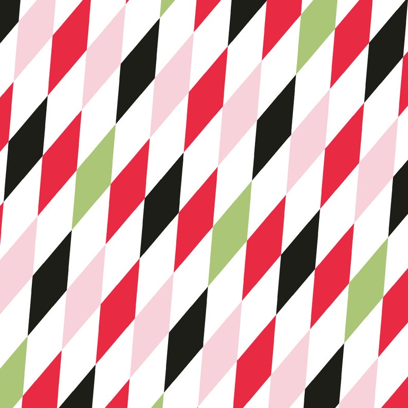 Puede incluir: Patr&oacute;n geom&eacute;trico abstracto con filas diagonales de rombos rojos, negros, rosas y verdes sobre un fondo blanco.