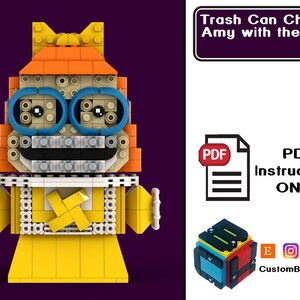 Peut inclure: Une figurine Lego représentant une fille avec des cheveux orange, des lunettes bleues et une robe jaune. La figurine tient une croix blanche dans ses mains. Le texte "Trash Can Children: Amy with the Acne" est visible en arrière-plan. Le texte "PDF Instructions ONLY" est également visible en arrière-plan.