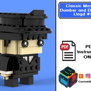May include: A Lego minifigure of Lloyd Christmas from the movie "Dumb and Dumber" wearing a black hat and suit. The figure is holding a small white object in his hand. The image includes the text "Classic Movies: Dumber and Dumber: Lloyd #1" and "PDF Instructions ONLY".