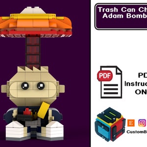 Puede incluir: Una minifigura de Lego de un personaje llamado Adam Bombhead de la serie Trash Can Children. La figura lleva una camisa azul, pantalones negros y zapatos blancos. La figura tiene una cabeza en forma de hongo con una parte superior roja y naranja. La figura sostiene un objeto amarillo en su mano derecha. La imagen incluye el texto "Trash Can Children: Adam Bombhead" y "PDF Instructions ONLY".