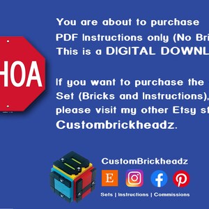 Puede incluir: Una señal de stop roja con la palabra "WHOA" en letras blancas. El texto debajo de la señal dice "¡Estás a punto de comprar solo instrucciones PDF (sin ladrillos)! ¡Esta es una DESCARGA DIGITAL. Si quieres comprar el conjunto completo (ladrillos e instrucciones), visita mi otra tienda Etsy, Custombrickheadz."