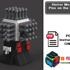 May include: A Lego model of a figure with gray pins on its head, a white block, and a black base. The model is inspired by the horror movie "Pins on the Head." The image also includes a PDF instructions icon.