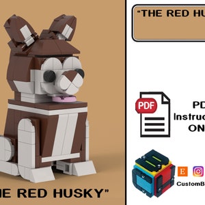 Puede incluir: Una descarga digital de instrucciones PDF para construir un modelo de perro husky rojo con ladrillos LEGO. Las instrucciones son para un modelo personalizado brickheadz. La imagen muestra el modelo terminado, que está sentado sobre un fondo marrón. El texto "THE RED HUSKY" aparece dos veces en la imagen.
