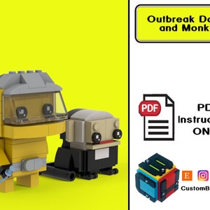May include: LEGO brickheadz model of an Outbreak Doctor and a Monkey. The doctor is wearing a yellow hazmat suit with a gray helmet and a blue syringe. The monkey is wearing a black suit and has a red mouth. The image includes the text "Outbreak Doctor and Monkey" and "PDF Instructions ONLY".