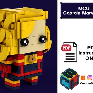 Könnte beinhalten: Ein LEGO BrickHeadz-Modell von Captain Marvel aus dem Marvel Cinematic Universe (MCU). Das Modell besteht aus gelben, roten, blauen und schwarzen LEGO-Steinen. Das Modell hat einen Stern auf der Brust und eine gelbe Haarpartie. Das Bild enthält den Text "MCU: Captain Marvelous" und "PDF Instructions ONLY".