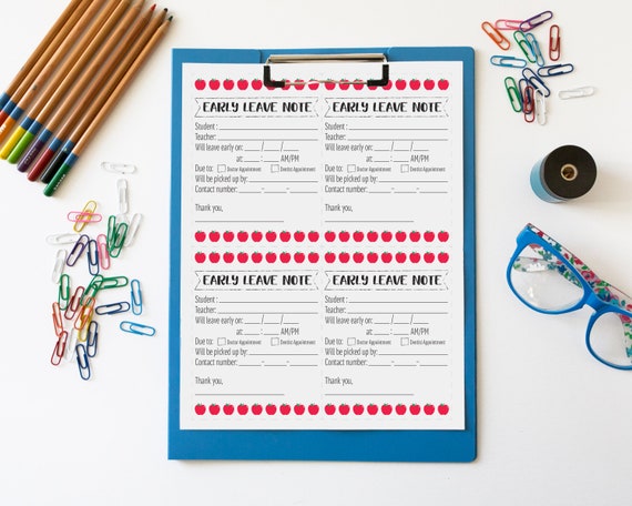 Printable Early Leave School Note Instant Download Empty Etsy