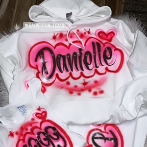 Custom  Airbrush Name 3 Piece Set / Personalized Hoodie Sweatpants T-shirt /Spray Paint Outfit / Gift Set for Her/ Valentine's Day set