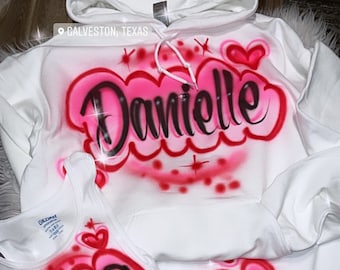 Custom  Airbrush Name 3 Piece Set / Personalized Hoodie Sweatpants T-shirt /Spray Paint Outfit / Gift Set for Her/ Valentine's Day set