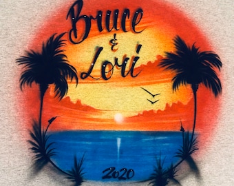 Custom Couple Personalized Airbrush Name  T shirt Sunset Beach Vacation