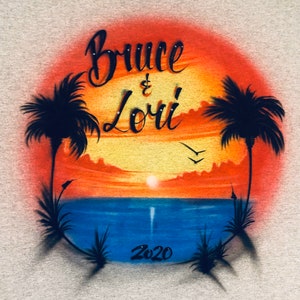 Custom Couple Personalized Airbrush Name  T shirt Sunset Beach Vacation