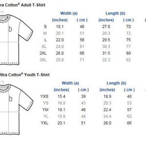 May include: A size chart for Gildan Ultra Cotton T-shirts. The chart shows the width, length, and sleeve length in inches and centimeters for adult and youth sizes.