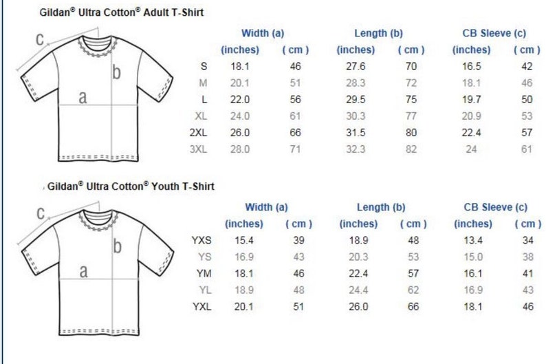 May include: A size chart for Gildan Ultra Cotton T-shirts. The chart shows the width, length, and sleeve length in inches and centimeters for adult and youth sizes.