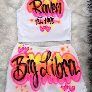 Custom Personalized Airbrush Name Booty Shorts Crop Top Set 90s Clothing Zodiac outfit Birthday outfit Airbrush outfit for Woman image 1