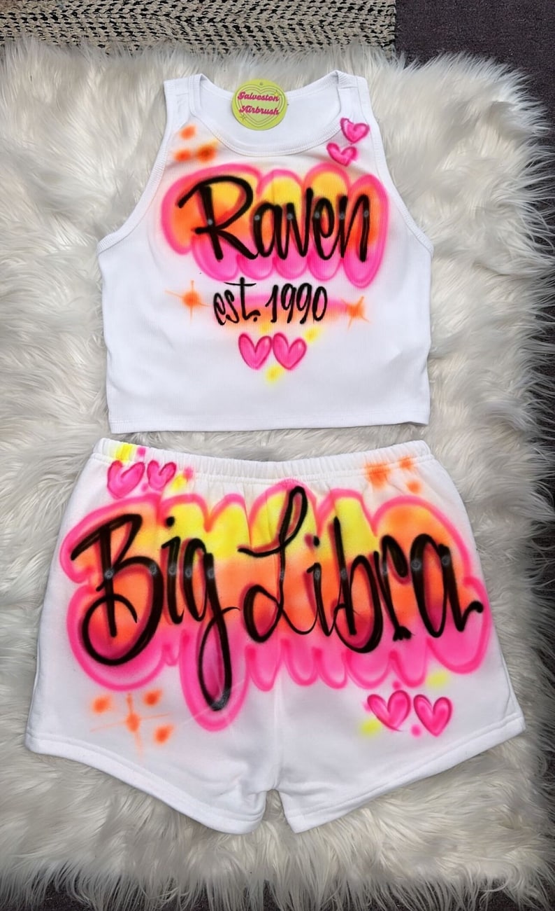 Custom Personalized Airbrush Name Booty Shorts Crop Top Set 90s Clothing Zodiac outfit Birthday outfit Airbrush outfit for Woman image 1