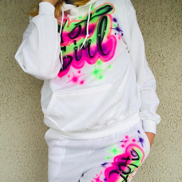 Custom  Airbrush Name 3 Piece Set / Personalized Hoodie Sweatpants T-shirt /Spray Paint Outfit / Gift Set for Her