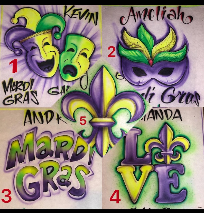 May include: Airbrushed designs with a Mardi Gras theme. Features a jester mask, a masquerade mask, the words "Mardi Gras", a fleur-de-lis, and the word "LOVE" with a fleur-de-lis. The designs are in purple, yellow, and green.