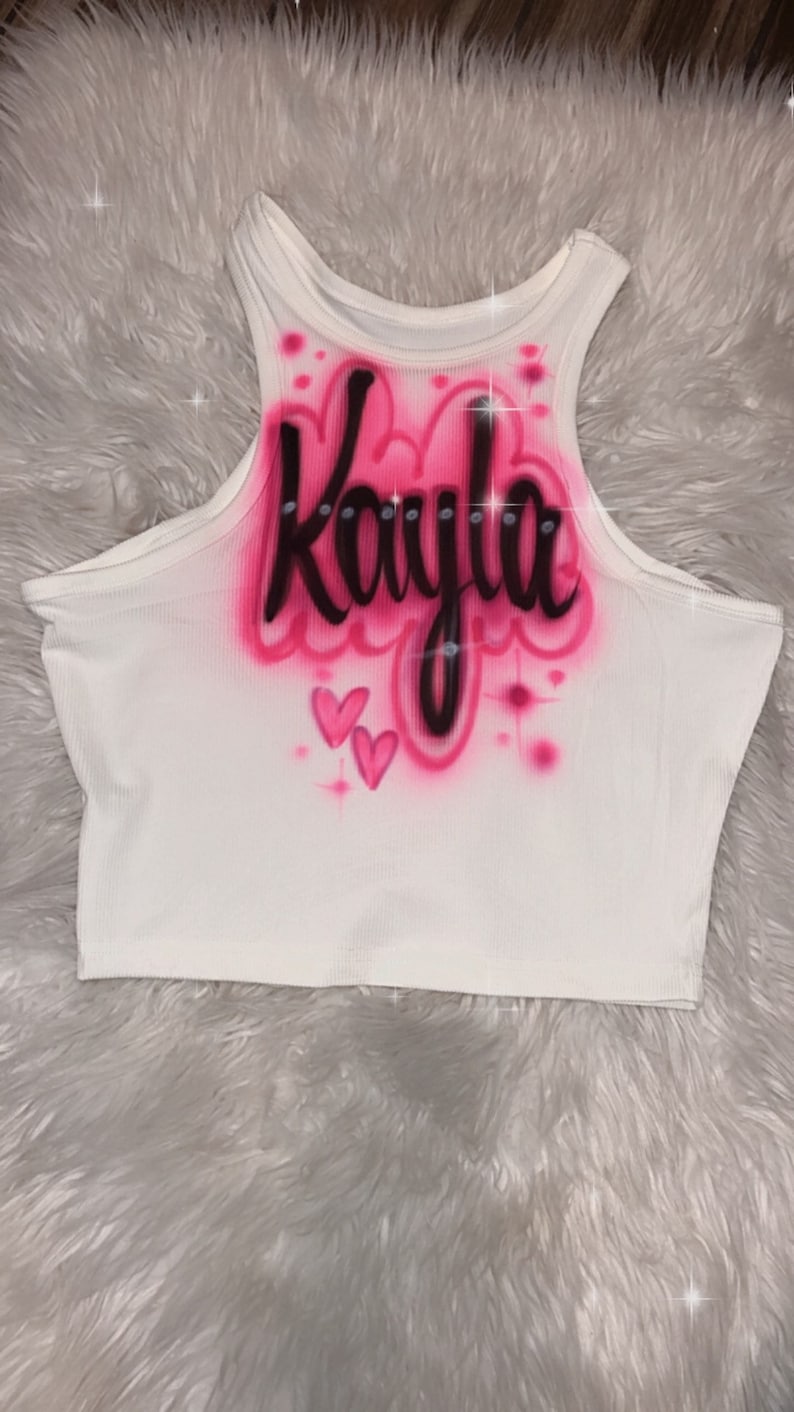 Custom Airbrush White Ribbed Crop Tank Top, Personalized Name Crop Tank, Racerback White Womens Tank image 4