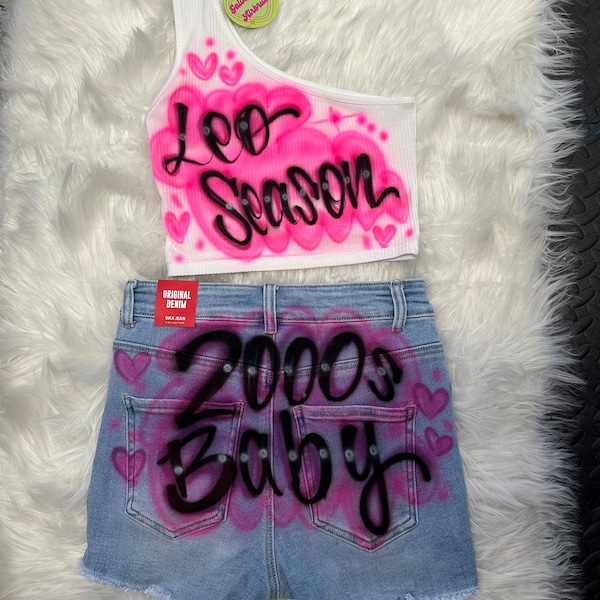 Custom Personalized Airbrush Name Jean Shorts Crop Top Set | One shoulder Crop top set|  90s Clothing | Birthday outfit |