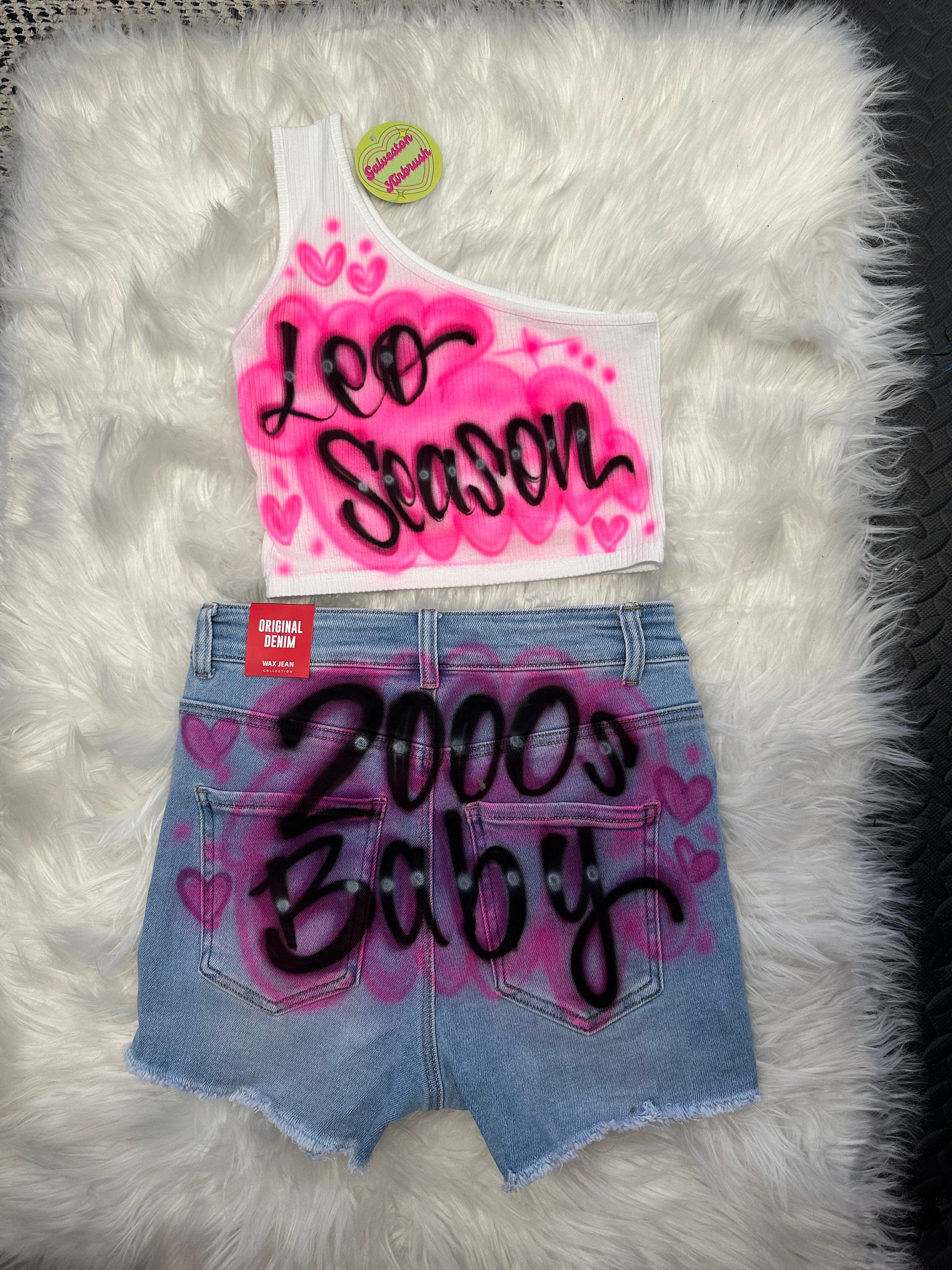 Custom Personalized Airbrush Name Jean Shorts Crop Top Set One shoulder Crop top ensemble 90s Clothing Birthday outfit