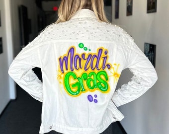 Custom Airbrush Denim Jacket / Mardi Gras Oversized Denim Jacket / New Orleans Jacket / Women Pearl Jean Jacket / NOLA Jaket / Gift for her