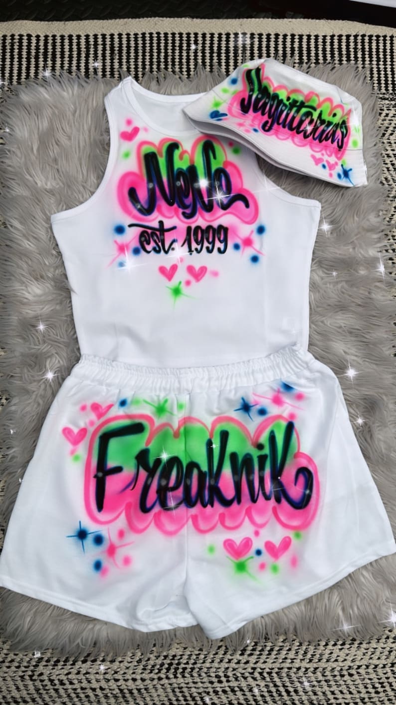 Custom Personalized Airbrush Name Booty Shorts Crop Top Set 90s Clothing Zodiac outfit Birthday outfit Airbrush outfit for Woman image 4