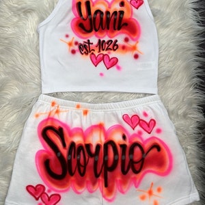 Custom Personalized Airbrush Name Booty Shorts Crop Top Set 90s Clothing Zodiac outfit Birthday outfit Airbrush outfit for Woman image 7