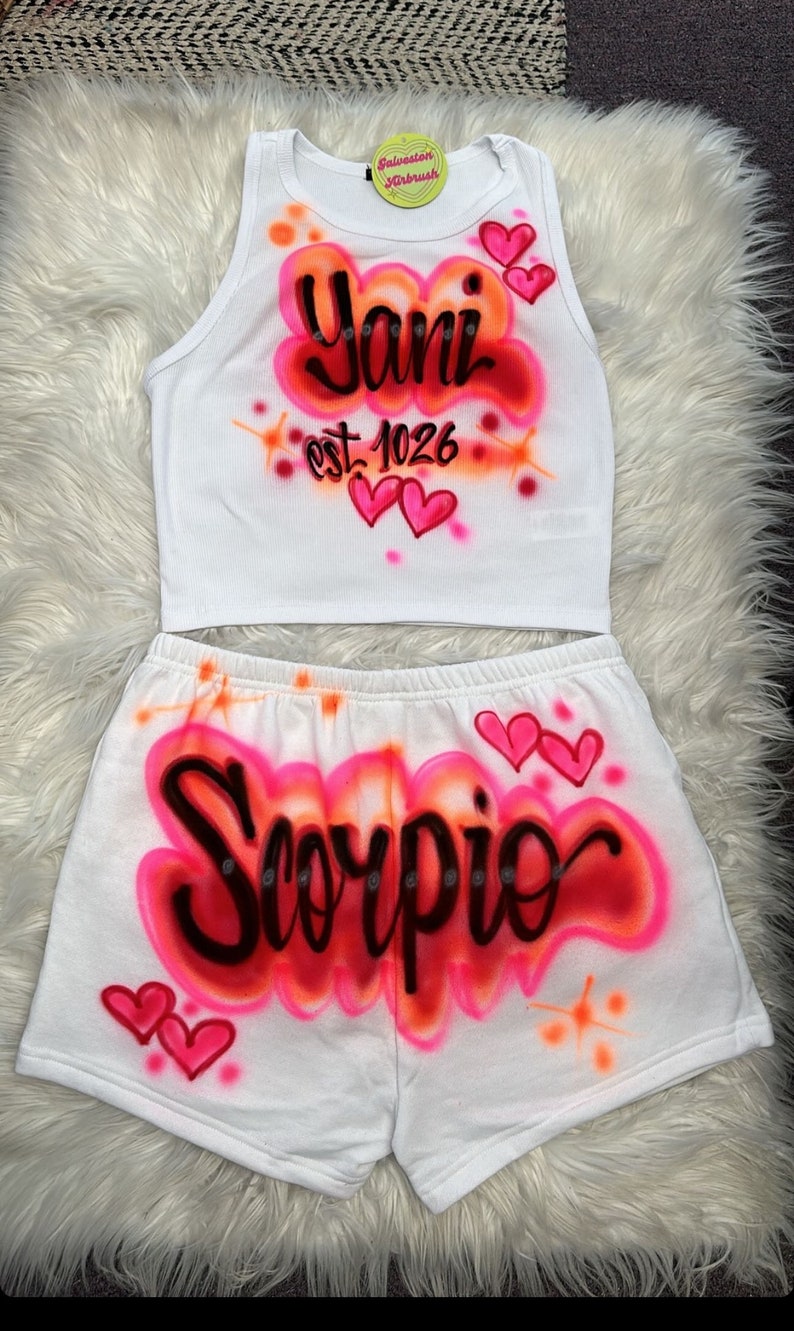 Custom Personalized Airbrush Name Booty Shorts Crop Top Set 90s Clothing Zodiac outfit Birthday outfit Airbrush outfit for Woman image 7