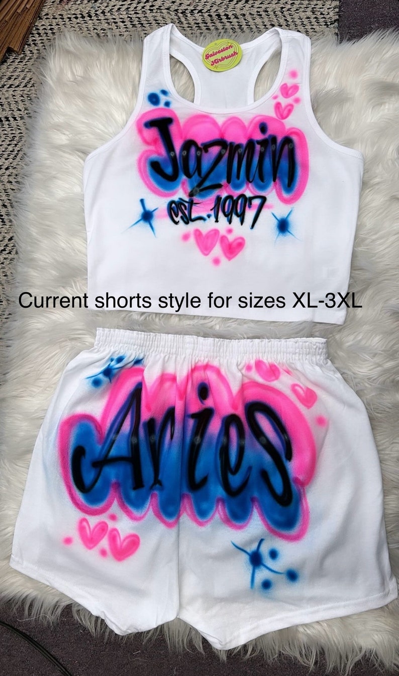 Custom Personalized Airbrush Name Booty Shorts Crop Top Set 90s Clothing Zodiac outfit Birthday outfit Airbrush outfit for Woman image 2