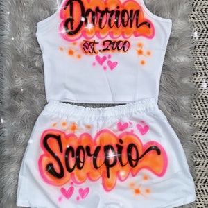 Custom Personalized Airbrush Name Booty Shorts Crop Top Set 90s Clothing Zodiac outfit Birthday outfit Airbrush outfit for Woman image 5