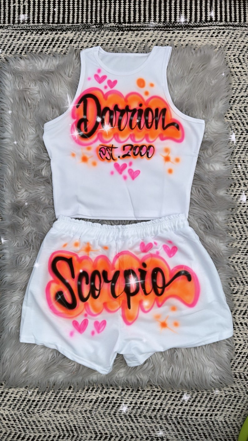 Custom Personalized Airbrush Name Booty Shorts Crop Top Set 90s Clothing Zodiac outfit Birthday outfit Airbrush outfit for Woman image 5