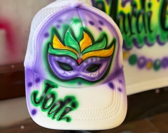 Custom Airbrush Trucker Hat| Mardi Gras Hat| Personalized Name Mesh Hat Baseball Cap Hot Fun Summer Beach Vacation Headwear