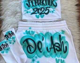 Custom Airbrush  Booty Shorts Crop Top Set with socks | FreakNik outfit idea| 90s Clothing| | Y2K Outfit| Birthday outfit