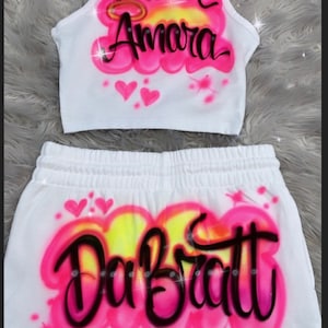 Custom Personalized Airbrush Name Booty Shorts Crop Top Set 90s Clothing Zodiac outfit Birthday outfit Airbrush outfit for Woman image 3