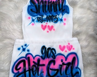 Custom  Personalized Airbrush Name Shorts White Beater Set /Freaknik outfit for woman