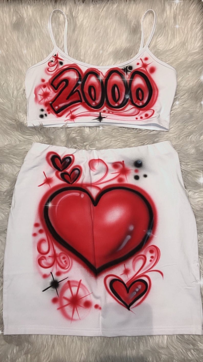 Custom Custom Personalized Airbrush Outfit/ Women's Sexy 2 Piece Outfit/ Strap Crop Top Skirt Set / 90s clothing/ Gift for her 