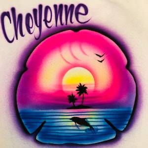Sand Dollar Custom  Personalized Airbrush Name  T shirt Sunset Beach Vacation