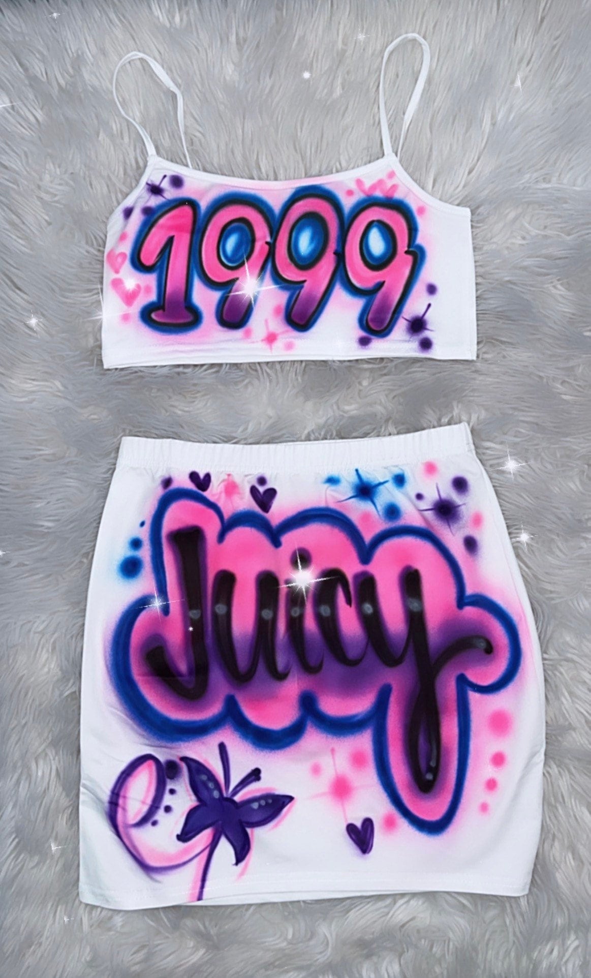 Custom Personalized Airbrush Outfit/ Crop Top Skirt Set /2000s clothing/ Outfit for woman