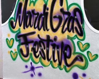Custom Airbrush White Ribbed Tank Top| Mardi Gras Tank| Personalized Wife Beater Tank | Racerback White Tank Top