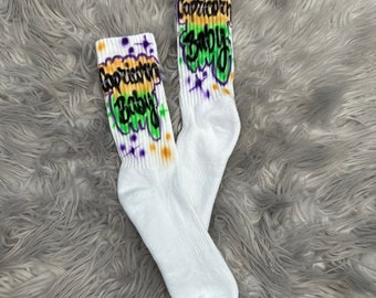 Custom Airbrush White Cotton Crew Socks | Mardi Gras Socks| Cute Birthday Socks| Party Favor| Bat Mitzvah Favor | Cheer| Sleepover| Graffiti