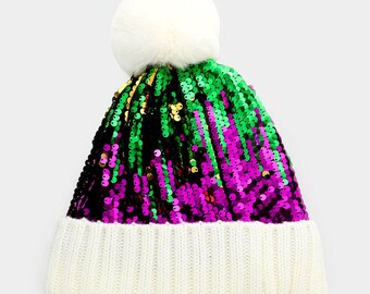 Mardi Gras Sequin Pom Pom Beanie Hat – Carnival Gift – Fun  display picture 3