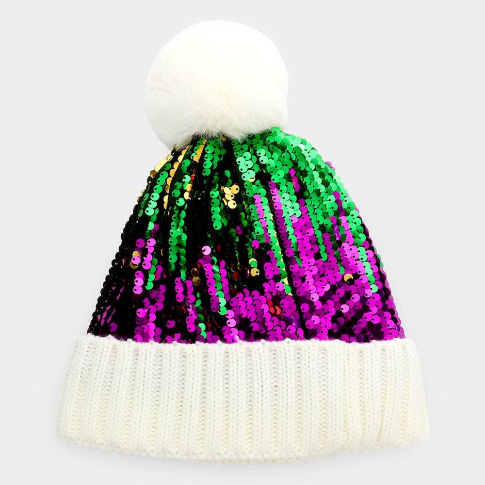 Bling Sequin Mardi Gras Beanie Hat Gold Sequin Beanie with Black Pom Pom (Each) – Mardi Gras Spot main image 2