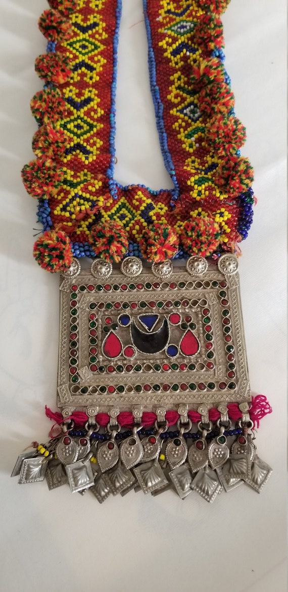 Large Vintage Handmade Tribal Beaded Pendant Neckl