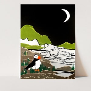 Puffin Bird Art Print Cut Paper Artist Paper Cutting Dark Sky Moon Flowers Landscape Abstract
