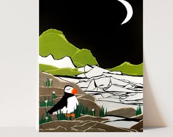 Puffin Bird Art Print Cut Paper Artist Paper Cutting Dark Sky Moon Flowers Landscape Abstract