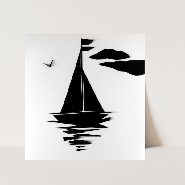 Windward-Sail Boat Art-Nautical-Hand Cut Paper Illustration- Monochrome-Minimalism-Original Art