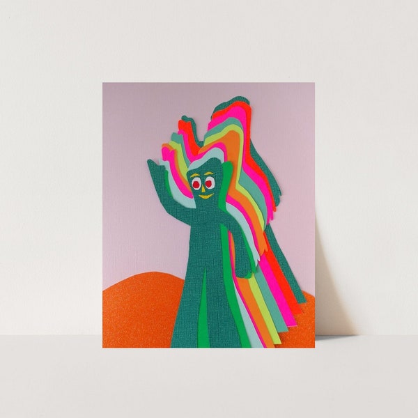 Gumby-Maximalist-Colorful Cut Paper Art-Neon-Happy Art Print-Hand Cut Paper Art-Pop Art-Disco-Dance Party-Claymation-Fine Art Print-Giclee