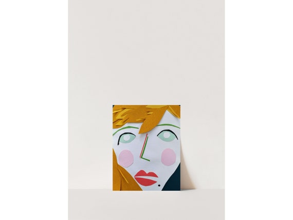 Deer In Headlights-Abstract Cut Paper Art Maximalist 3D Paper Pop Art Female Coral Mustard Teal Red Lips Blue Eyes