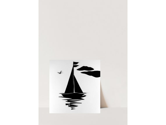 Windward-Sail Boat Art-Nautical-Hand Cut Paper Illustration- Monochrome-Minimalism-Original Art