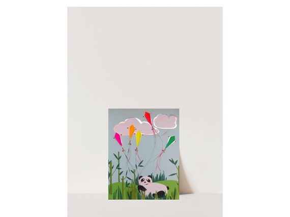 Panda-Kites-Silver Lining-Bamboo-Hand Cut Paper Illustration-Nursery Art Print-Maximalist-Colorful Wall Decor-Happy Imagery-Uplifting